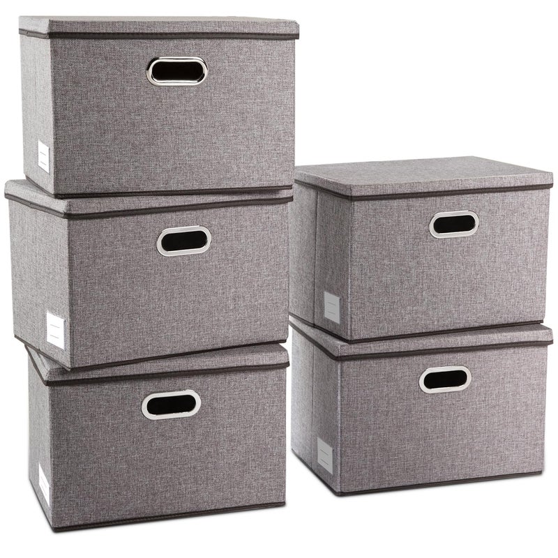 PRANDOM Large Collapsible Storage Containers with Lids [5-Pack] Linen Fabric Foldable Storage Bins Boxes Organizer Baskets Cube with Cover for Home Bedroom Closet Office Nursery (17.7x11.8x11.8) - Image 1